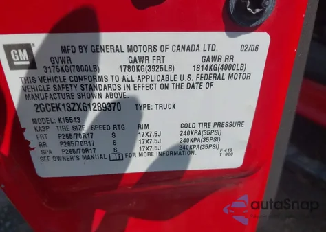 2006 Chevrolet Silverado 1500 Lt3 из США, поврежденный, VIN 2GCEK13ZX61289370